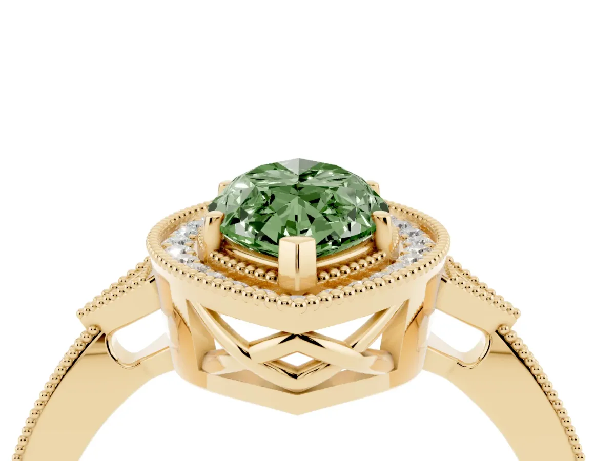 Fancy Green Marquise Cut Halo Round Diamond Milgrain Pave Engagement Ring Yellow gold