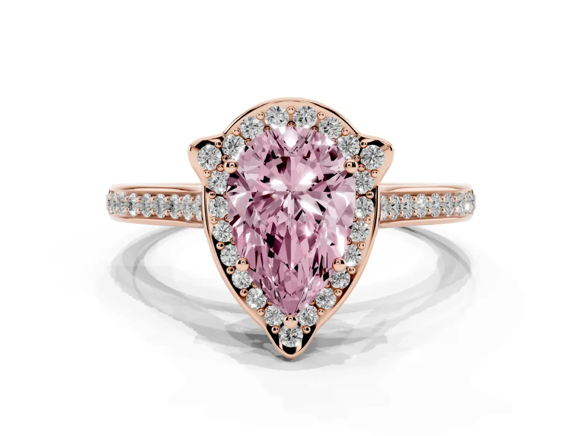 Fancy Pink Pear Cut Halo Round Diamond Pave Band with Four-Prong Setting Rose gold