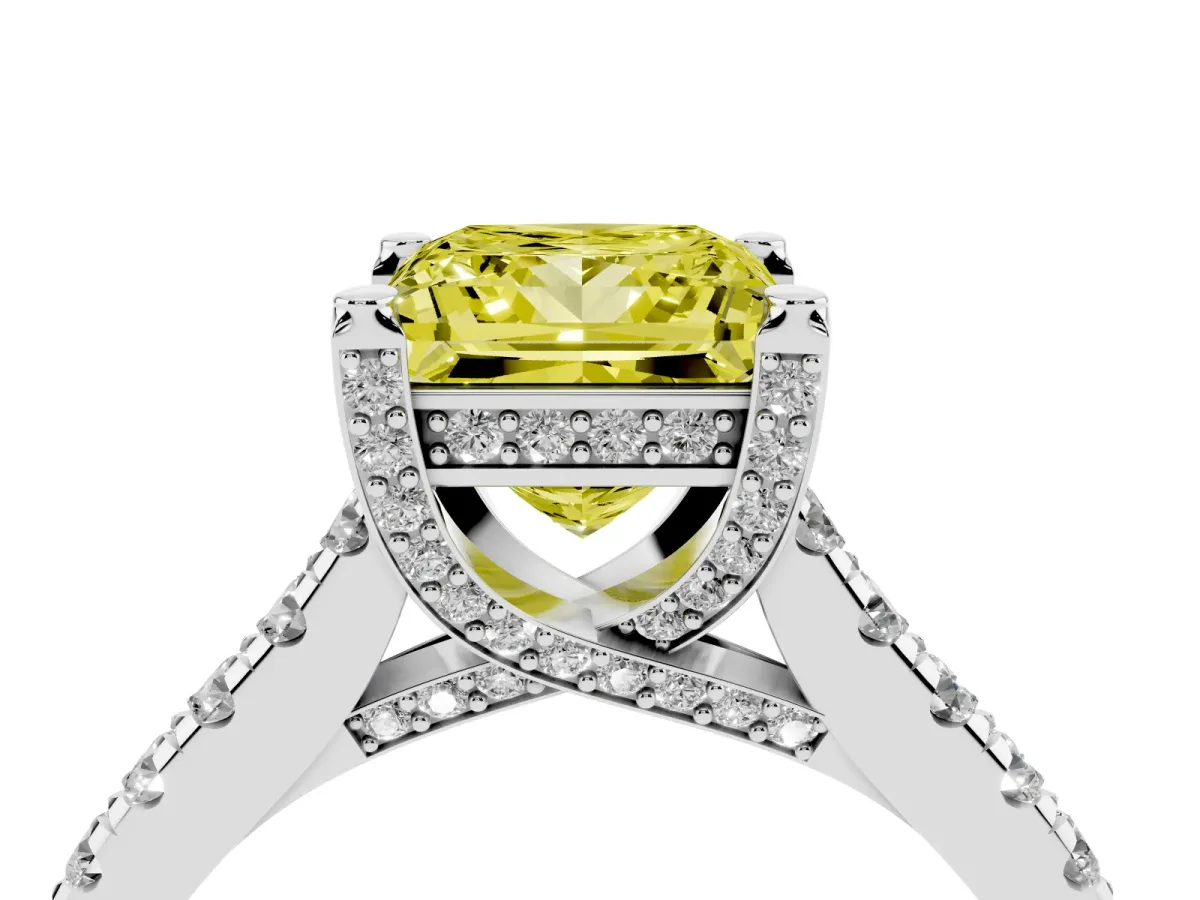 Fancy Yellow Princess Cut Brilliant Diamond Solitaire with Pavé Band and Four-Prong Setting Platinum