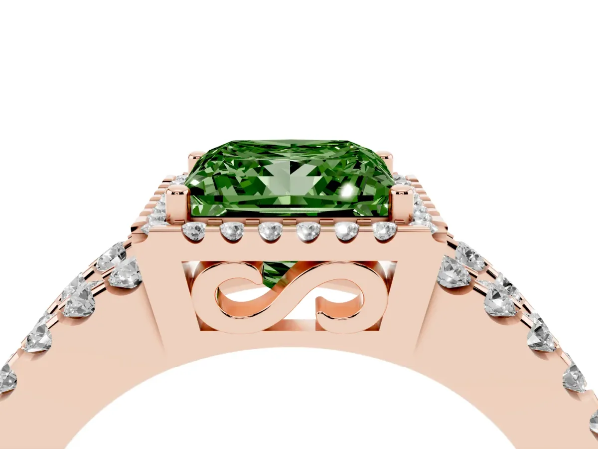Fancy Green Princess Cut Cut Halo Split Shank Diamond Ring with Four-Prong Setting Rose gold