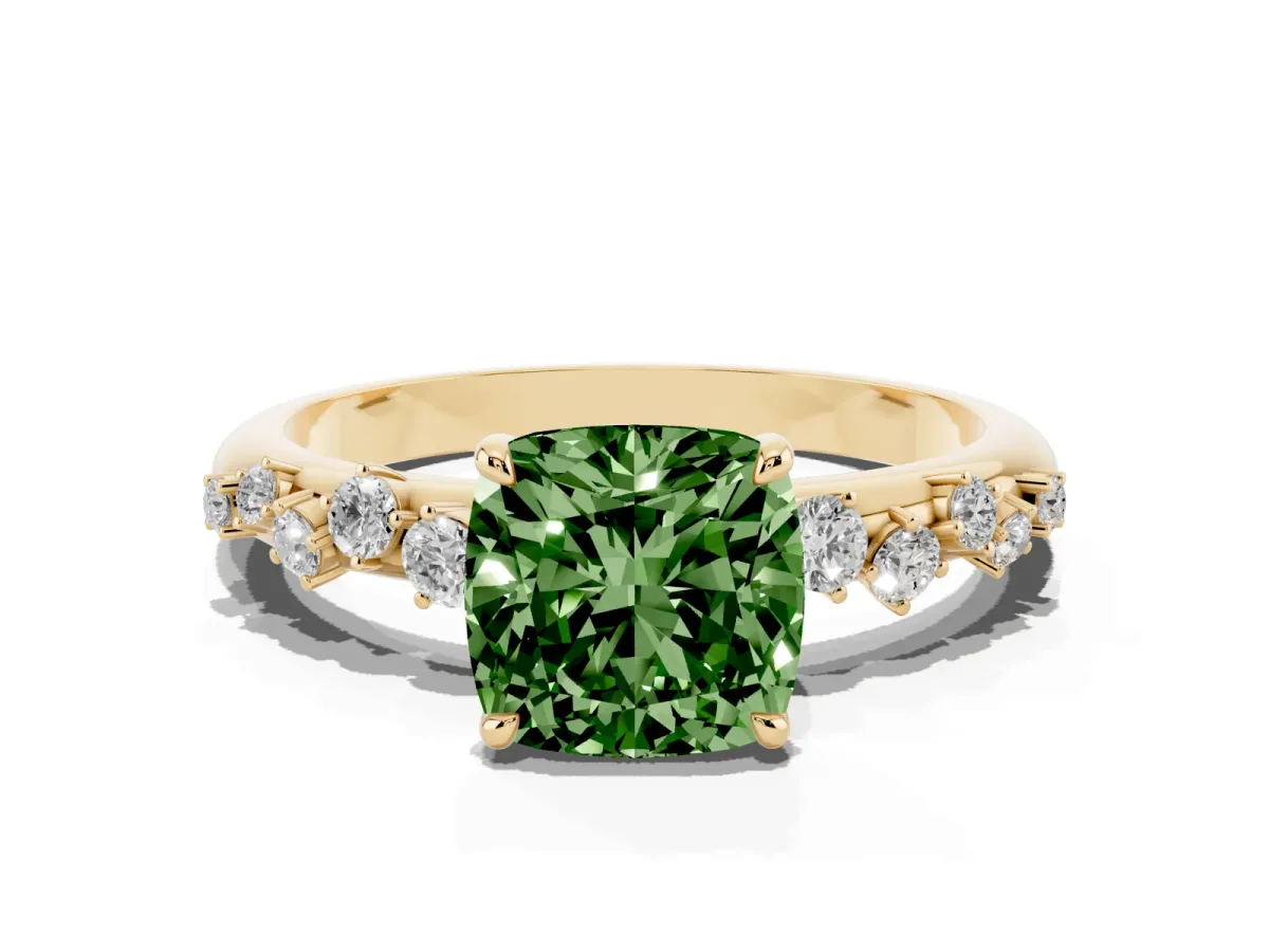 Fancy Green Cushion Cut Diamond Cluster Prong-Set Solitaire Ring Yellow gold