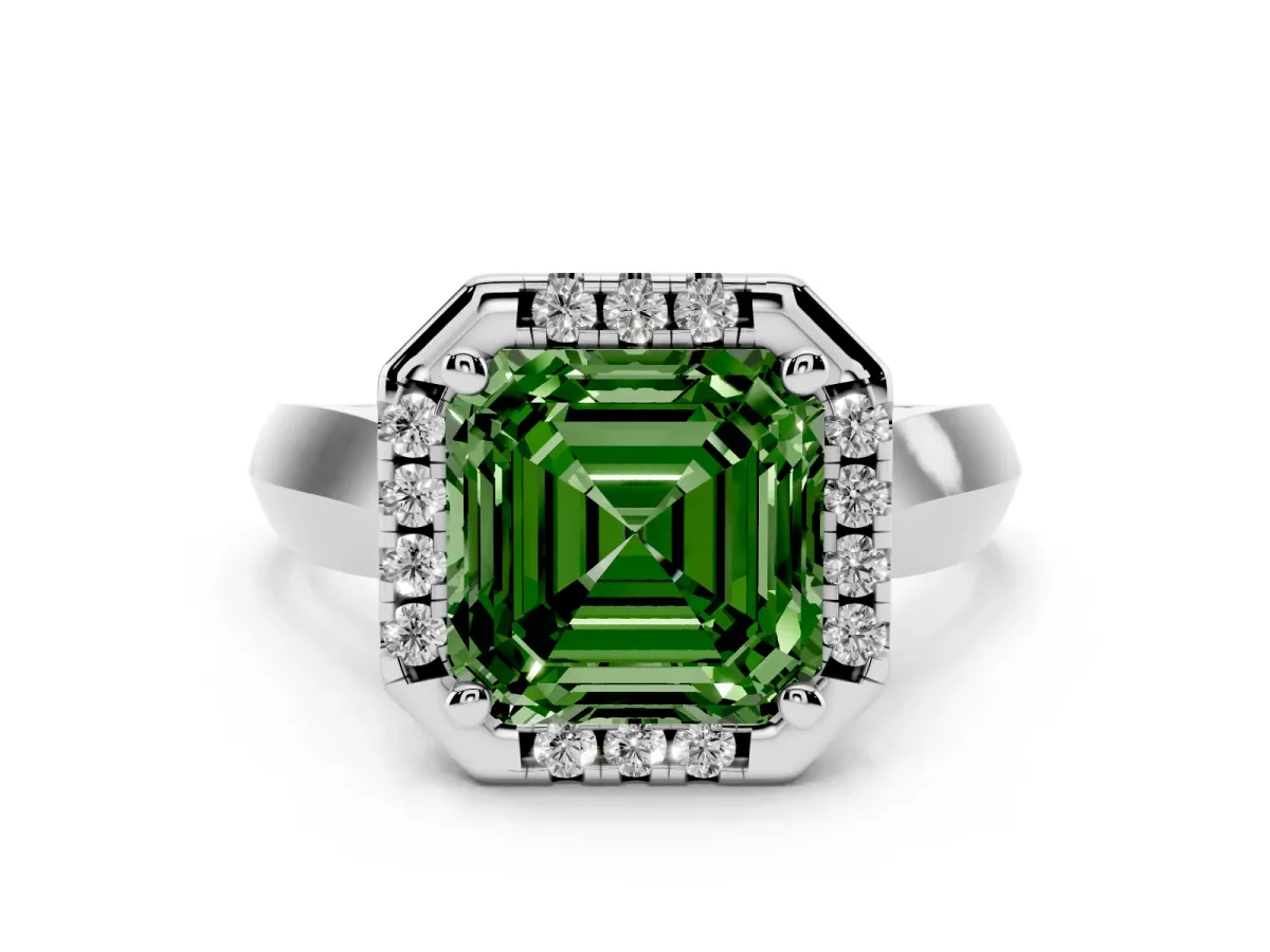 Fancy Green Asscher Cut Cut Halo Solitaire Engagement Ring with Square Band and Four-Prong Setting Silver