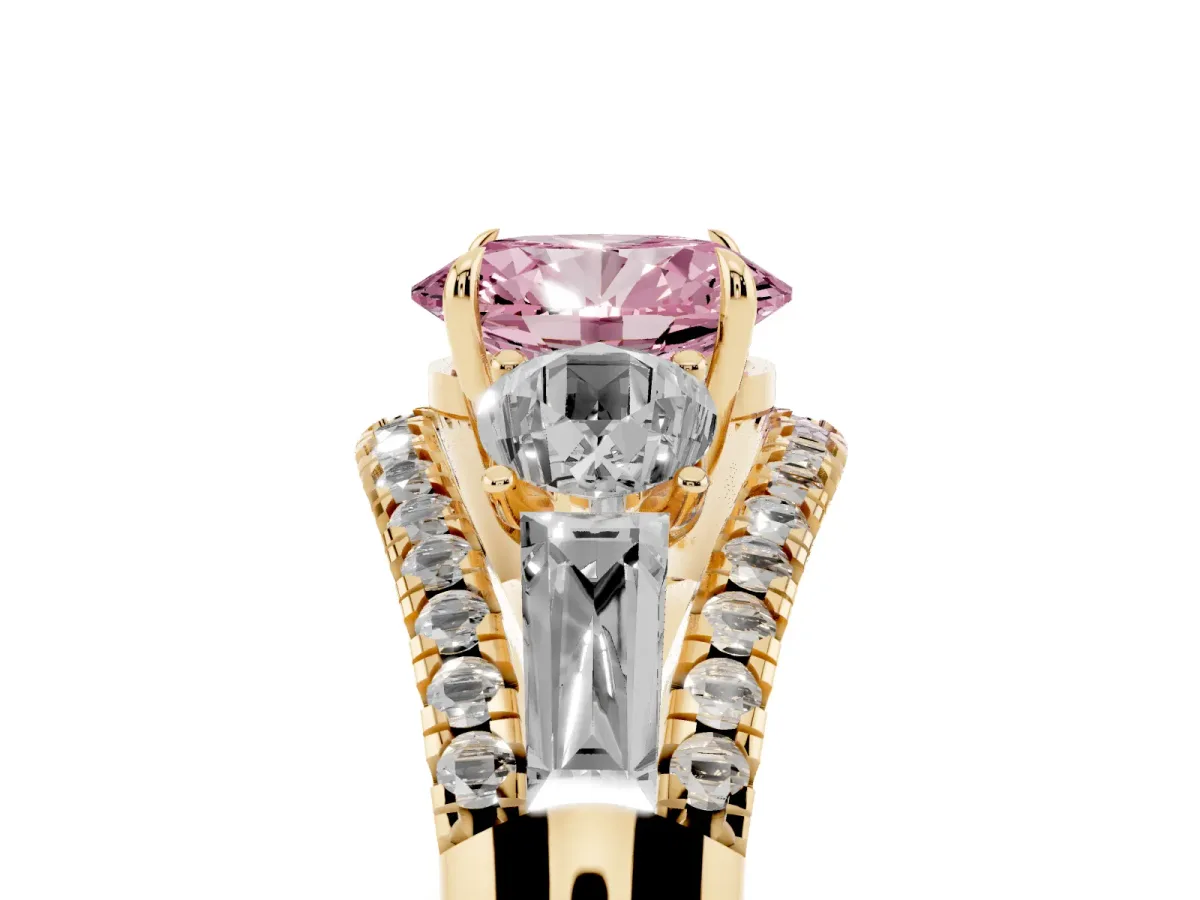 Fancy Pink Three-Stone Oval Cut Diamond Engagement Ring with Pave Band and Prong Setting Yellow gold