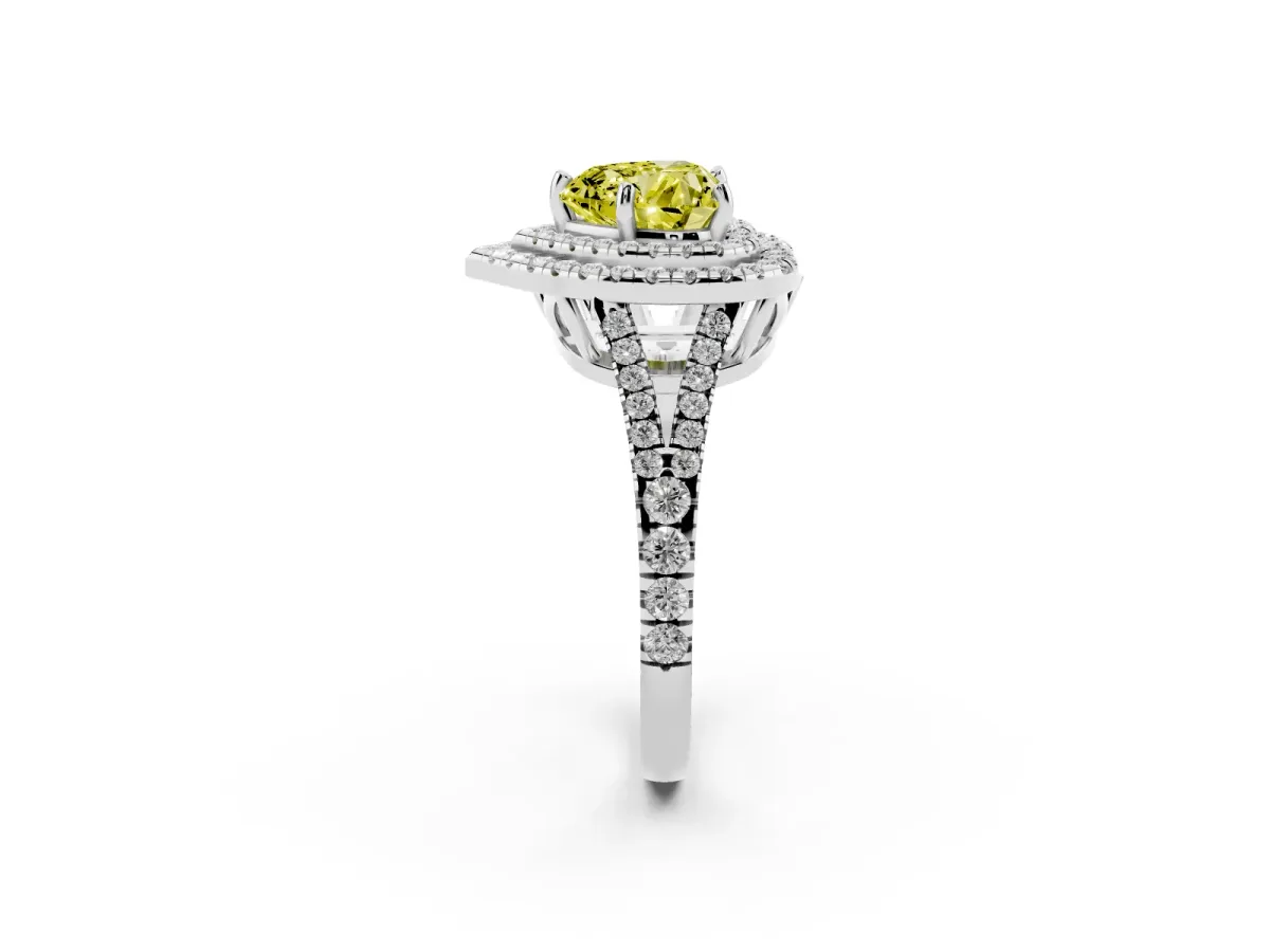 Fancy Yellow Heart Cut Diamond Double Halo Ring with Pavé Band and Prong Setting Platinum