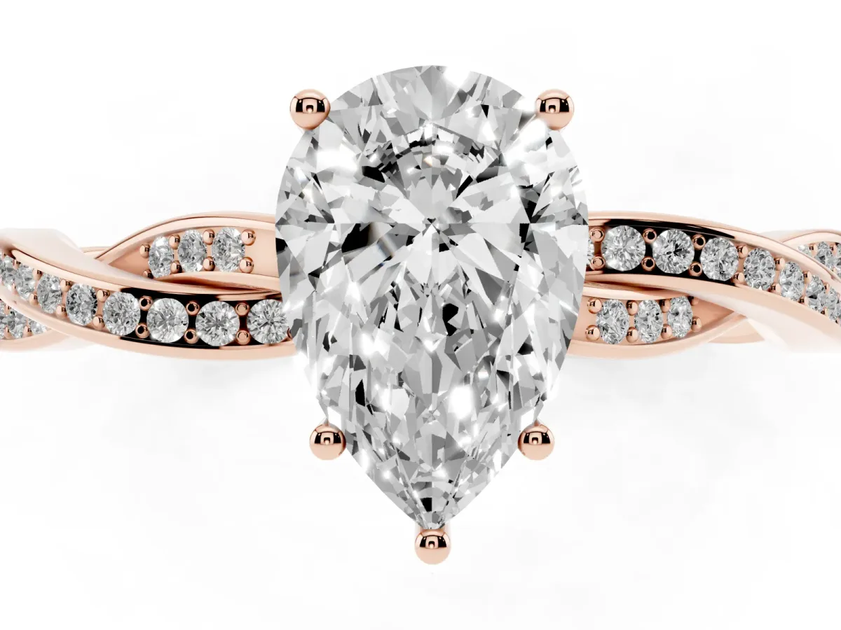 Pear Cut Solitaire Twisted Pave Diamond Ring with Four-Prong Setting Rose gold