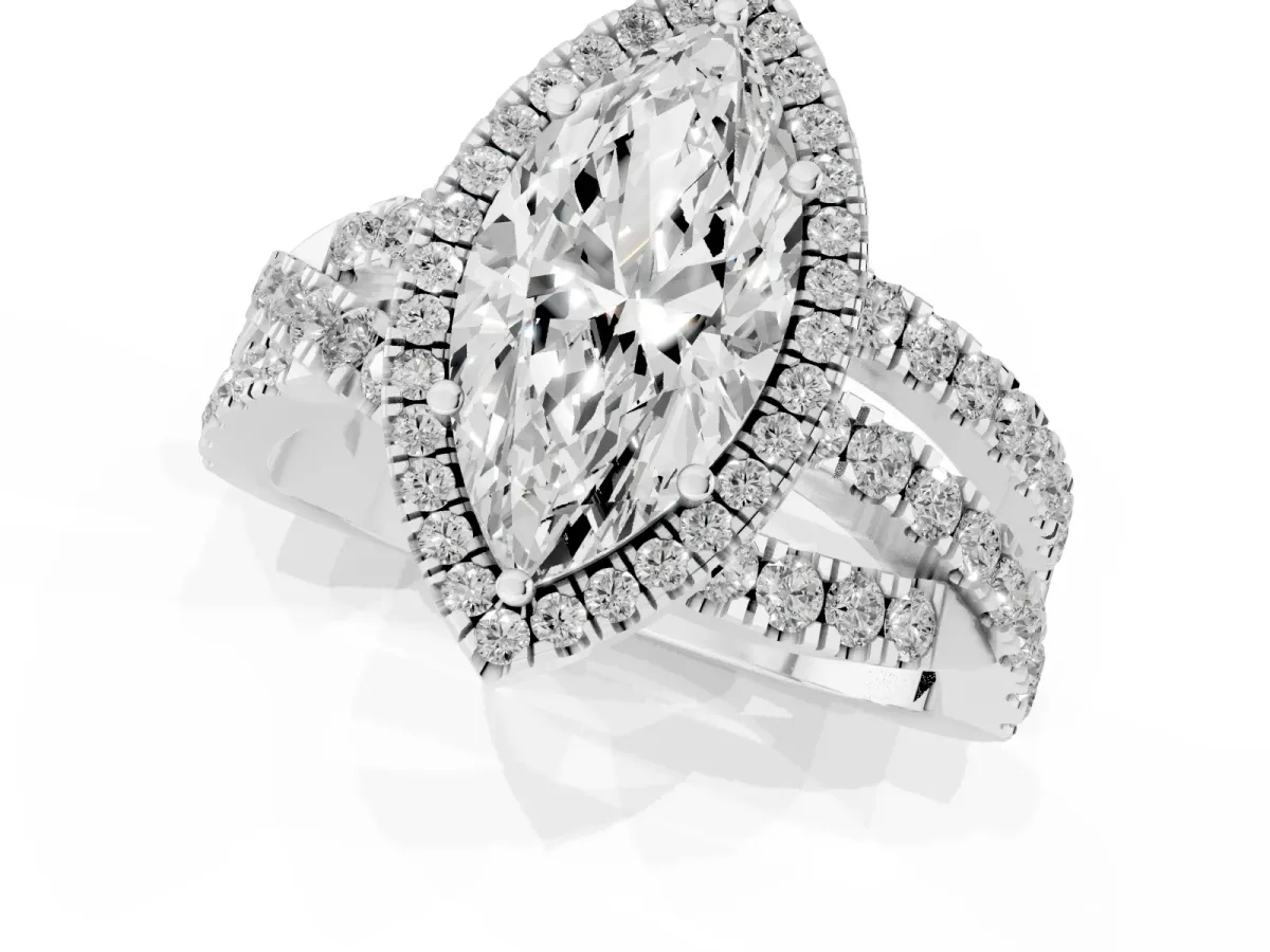 Marquise Cut Diamond Halo Ring with Round Split Shank and Prong Setting Silver