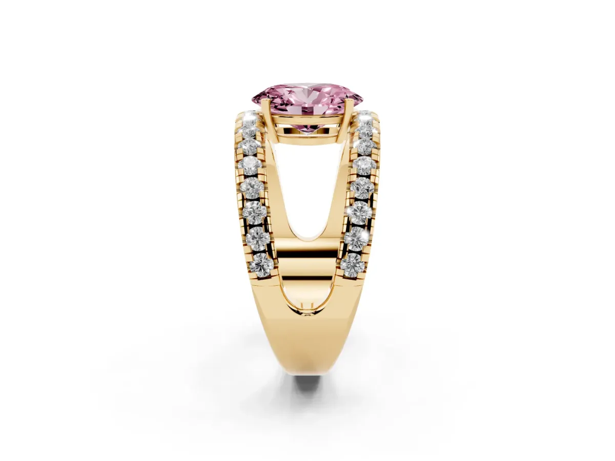 Fancy Pink Oval Cut Solitaire Split Shank Pave Diamond Ring Yellow gold