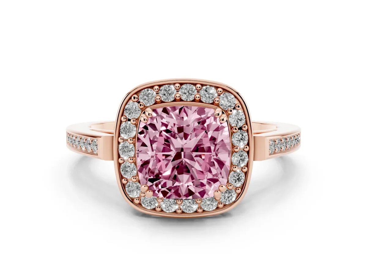 Fancy Pink Cushion Cut Diamond Halo Ring with Split Shank and Four-Prong Setting Rose gold