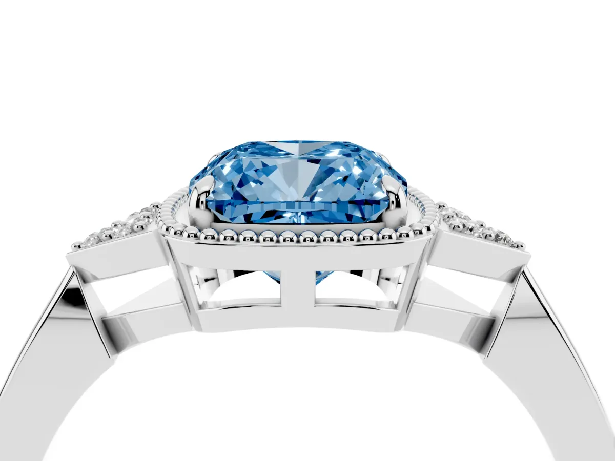 Fancy Blue Cushion Cut Diamond Halo Ring with Tapered Band and Four-Prong Setting White gold