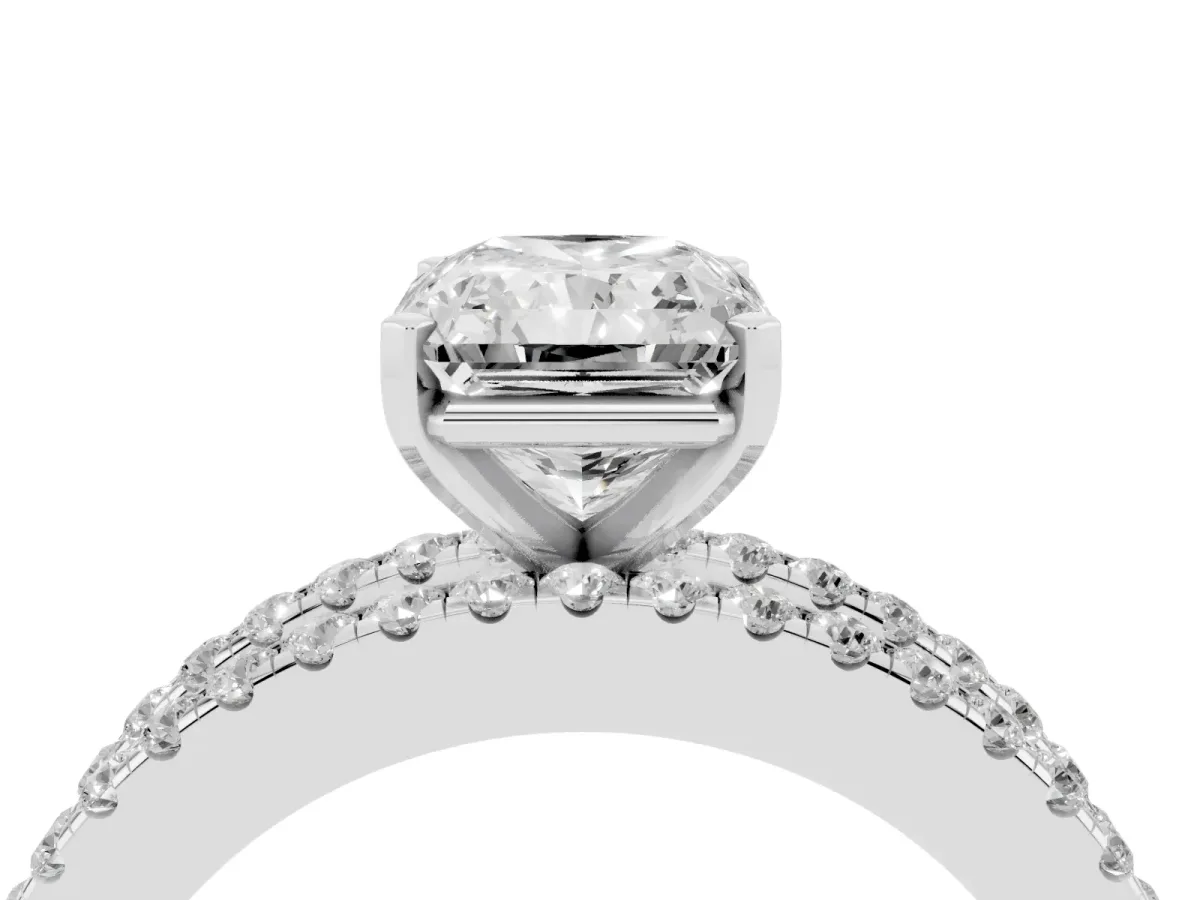 Radiant Cut Diamond Solitaire Ring with Pavé and Channel Set Band Silver