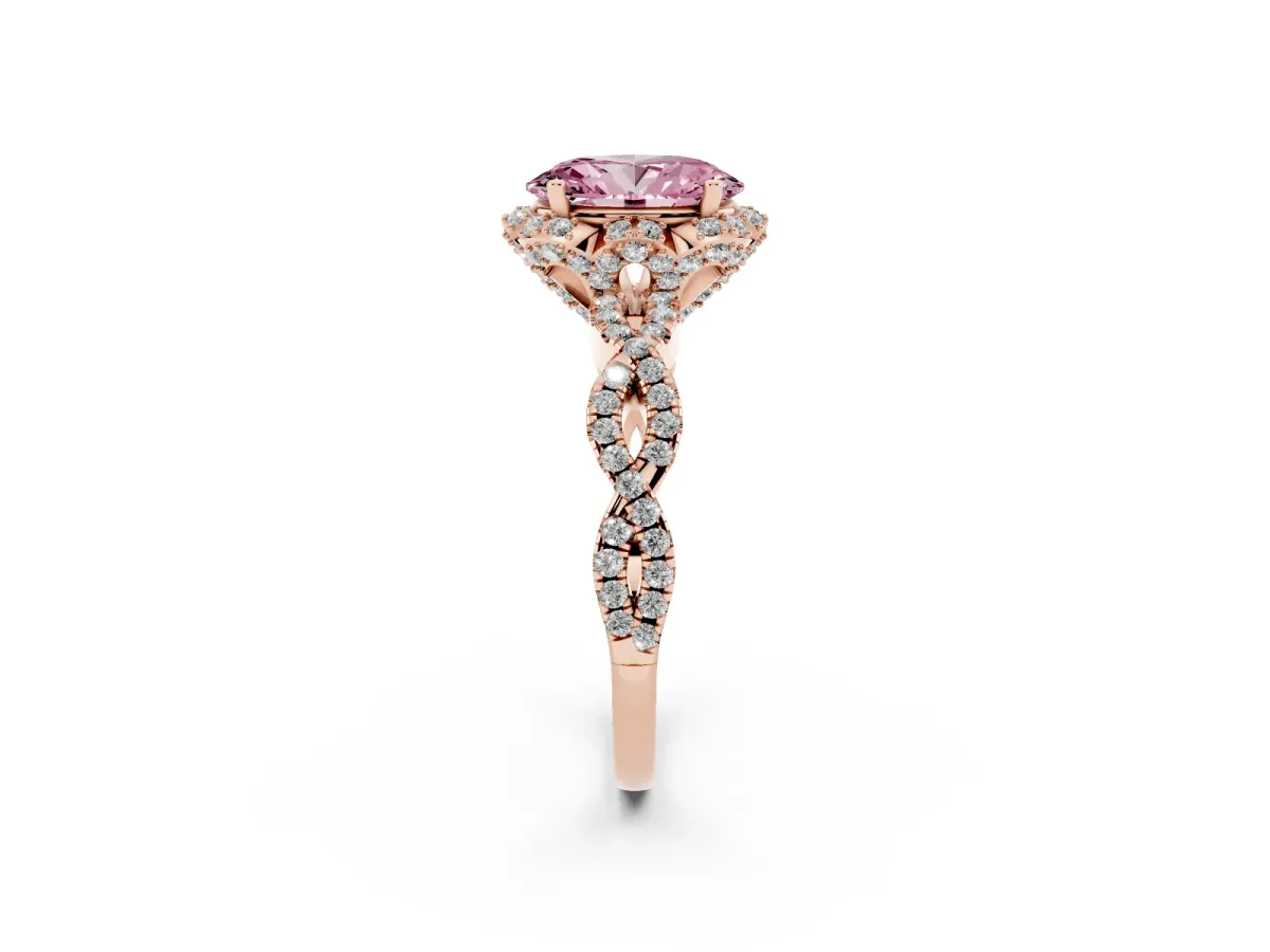 Fancy Pink Oval Cut Halo Twist Band Solitaire Ring with Six-Prong Setting Rose gold