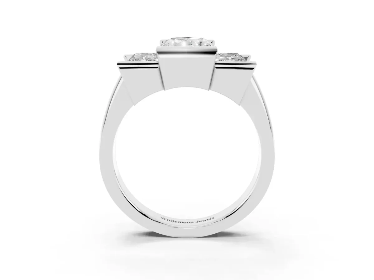 Three Stone Radiant Cut Cut Channel Set Diamond Ring Silver