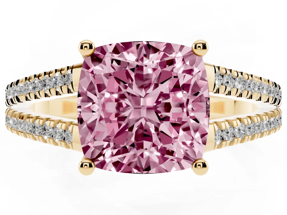 Fancy Pink Cushion Cut Diamond Solitaire Engagement Ring with Split Shank Pavé Band Yellow gold