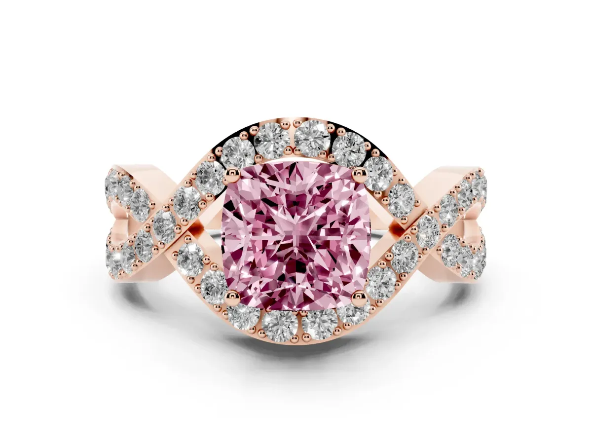 Fancy Pink Cushion Cut Solitaire Twist Band Pavé Diamond Engagement Ring Rose gold