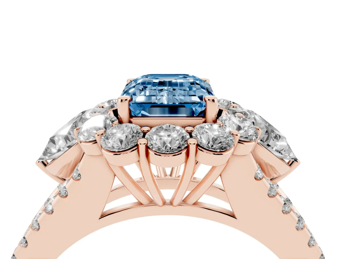 Fancy Blue Emerald Cut Halo Split Shank Diamond Engagement Ring with Prong Setting Rose gold