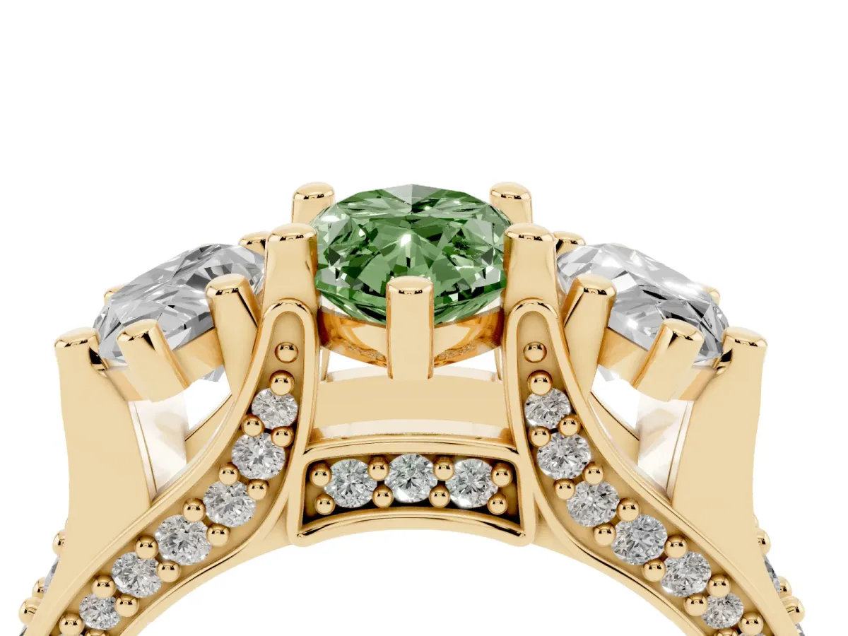 Fancy Green Marquise Cut Diamond Three-Stone Ring with Channel Set Band and Four-Prong Setting Yellow gold