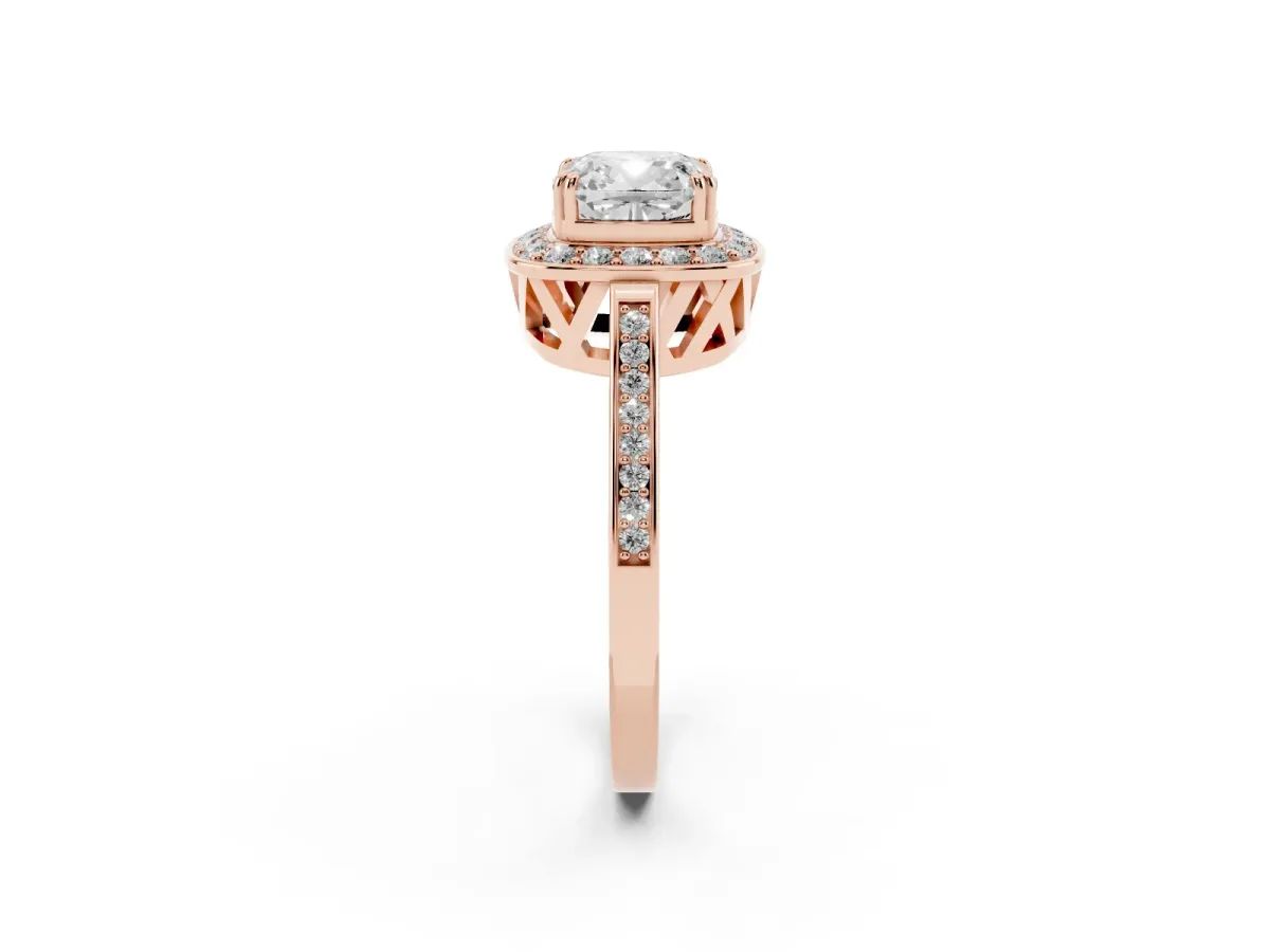 Cushion Cut Diamond Halo Ring with Split Shank and Four-Prong Setting Rose gold