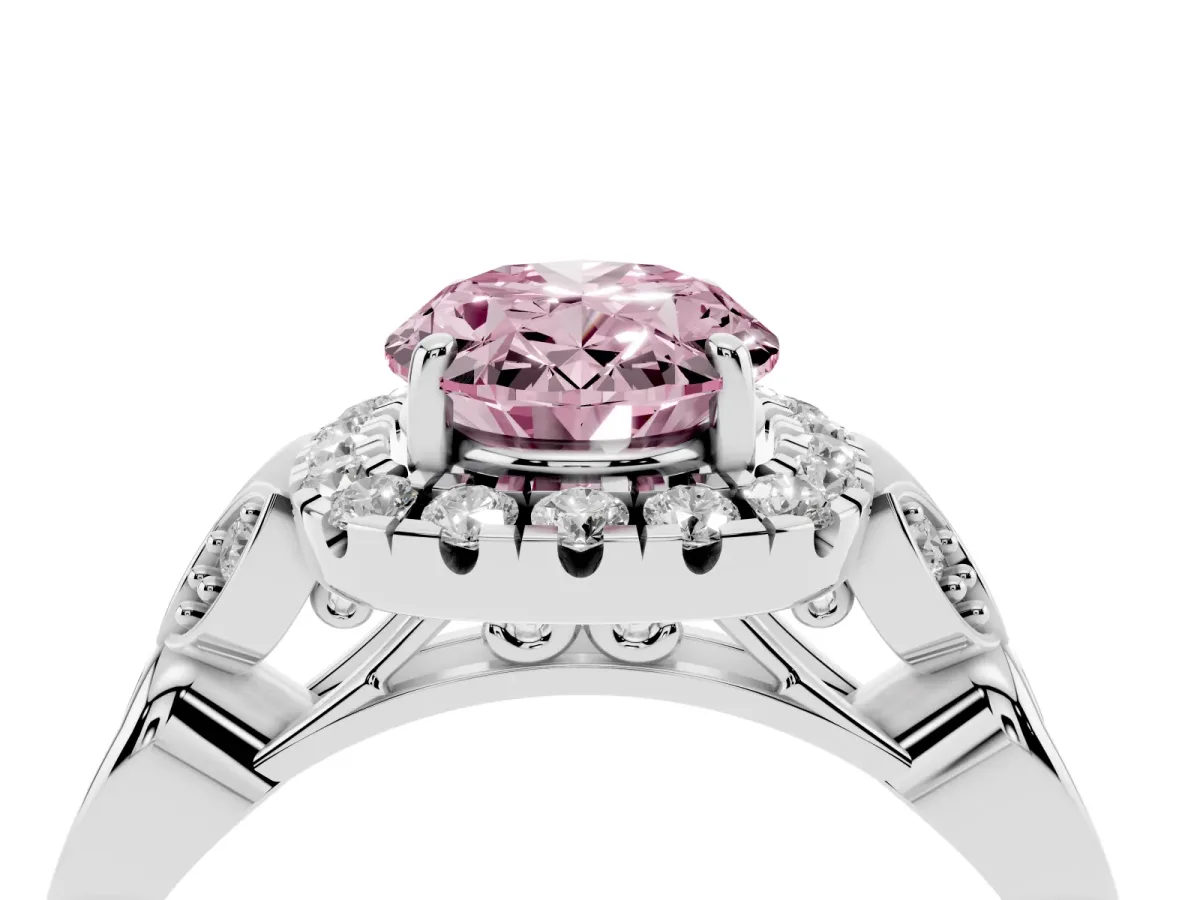 Fancy Pink Oval Cut Halo Diamond Engagement Ring with Vintage-Inspired Band and Four-Prong Setting White gold