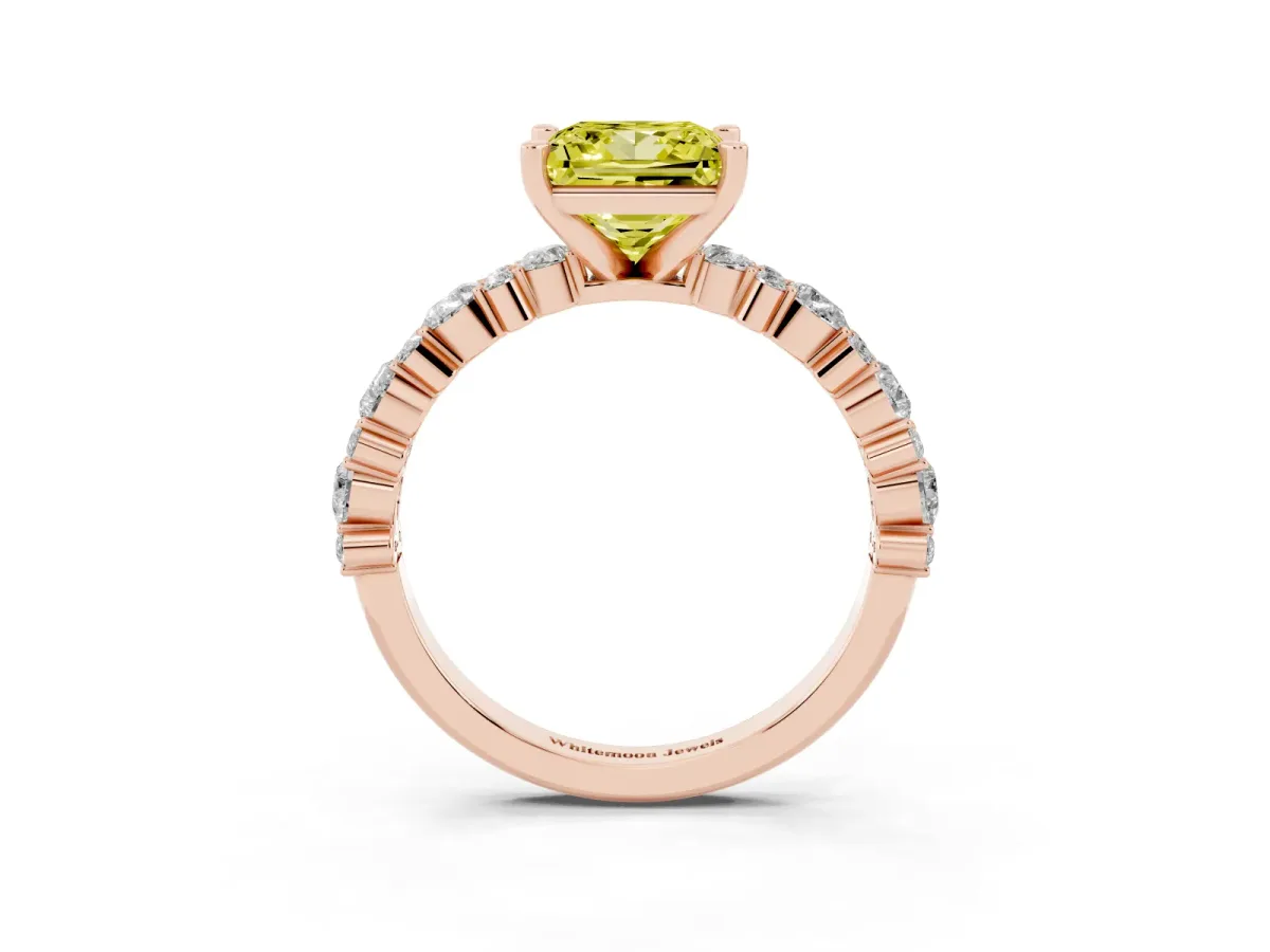 Fancy Yellow Princess Cut Diamond Side Stone Solitaire Ring with Round and Four-Prong Setting Rose gold