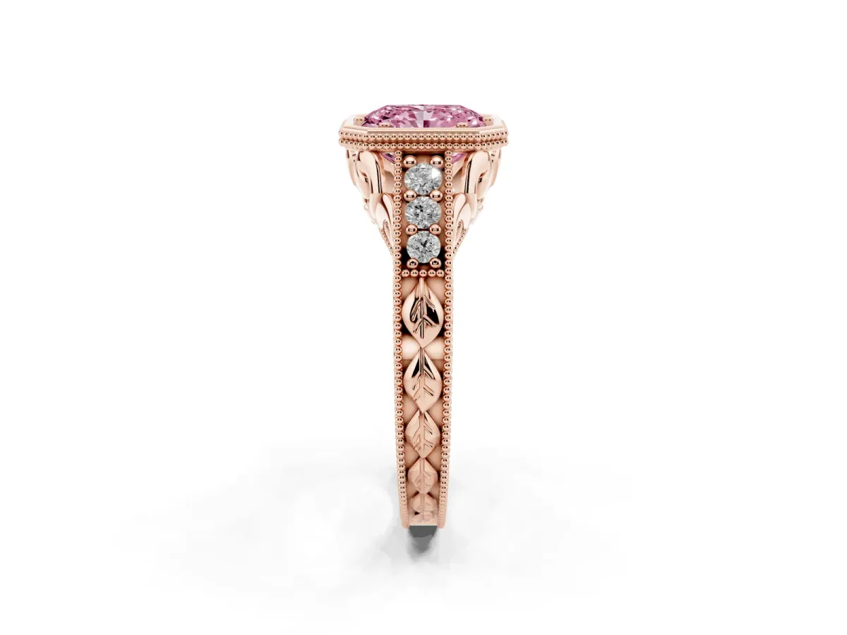 Fancy Pink Bezel Set Radiant Cut Diamond Milgrain Pave Engagement Ring Rose gold