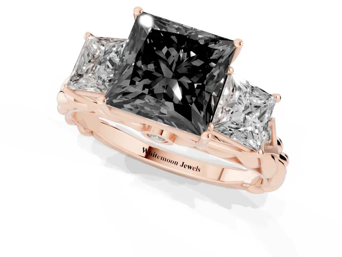 Fancy Black Three-Stone Princess Cut Diamond Braided Band Ring with Four-Prong Setting Rose gold