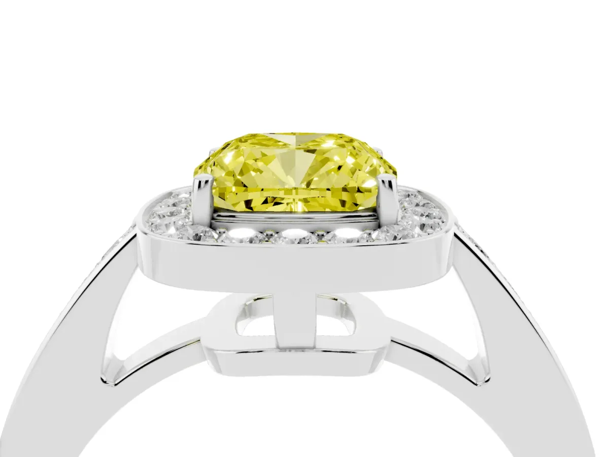 Fancy Yellow Cushion Cut Halo Pavé Diamond Engagement Ring with Bezel Setting Silver