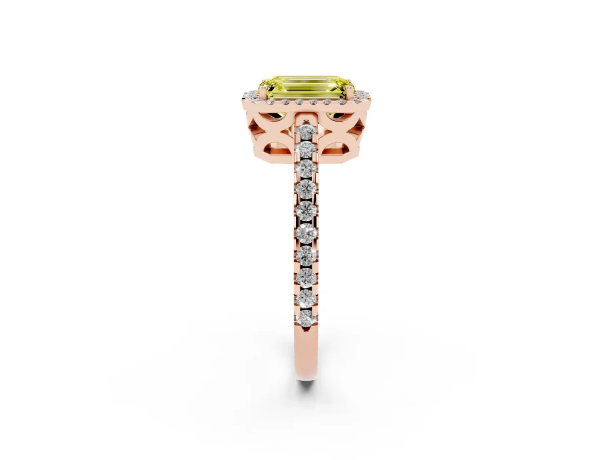 Fancy Yellow Emerald Cut Diamond Halo Engagement Ring with Pavé Band and Prong Setting Rose gold