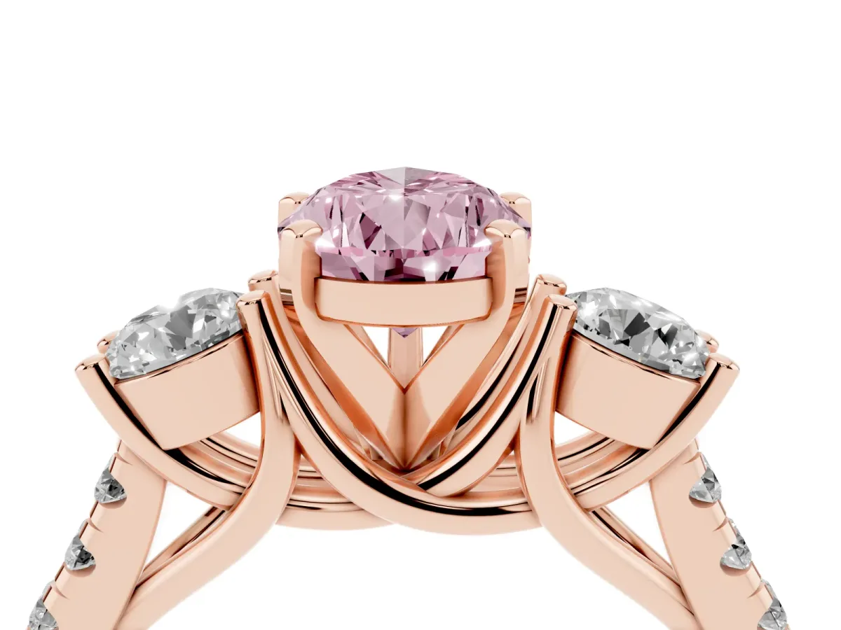 Fancy Pink Three-Stone Pear Cut Diamond Pavé Band with Four-Prong Setting Rose gold