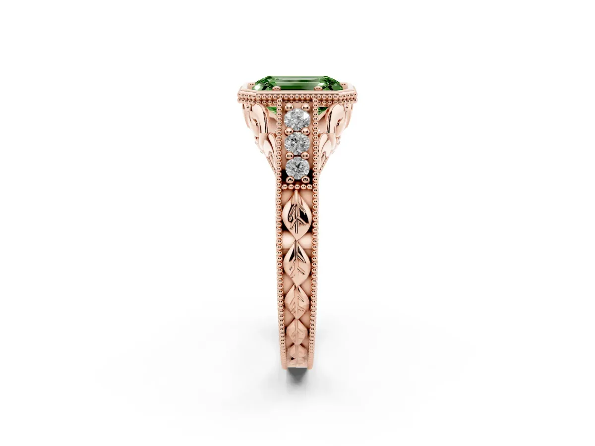 Fancy Green Bezel Set Emerald Cut Diamond Milgrain Pave Engagement Ring Rose gold