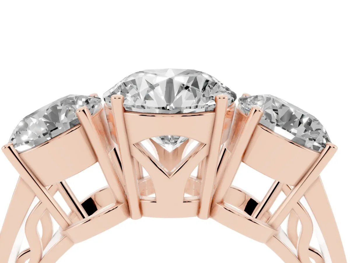 Round Cut Diamond Three-Stone Ring with Prong Setting and Textured Band Rose gold
