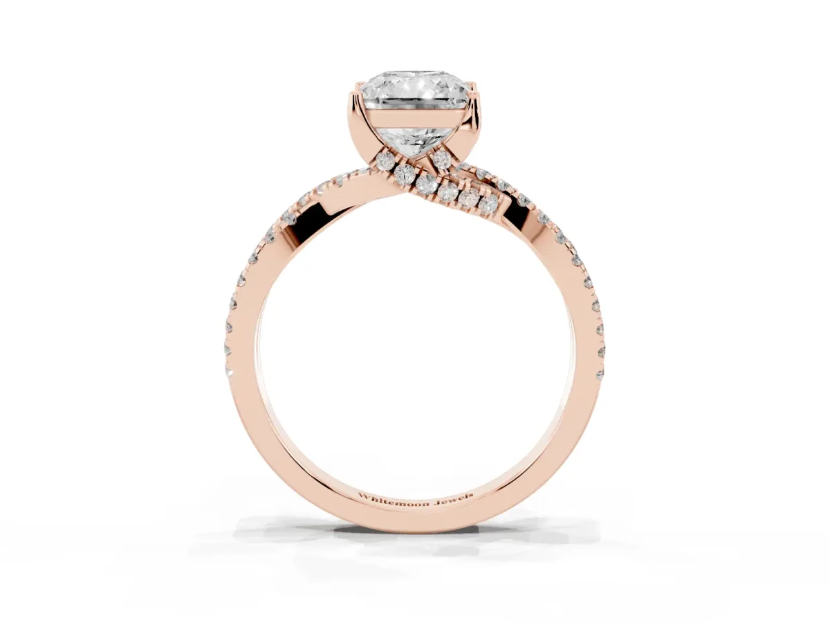 Radiant Cut Solitaire Twist Pave Diamond Engagement Ring with Prong Setting Rose gold