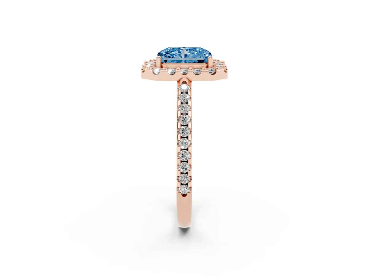 Fancy Blue Radiant Cut Diamond Pavé Halo Ring with Four-Prong Setting Rose gold