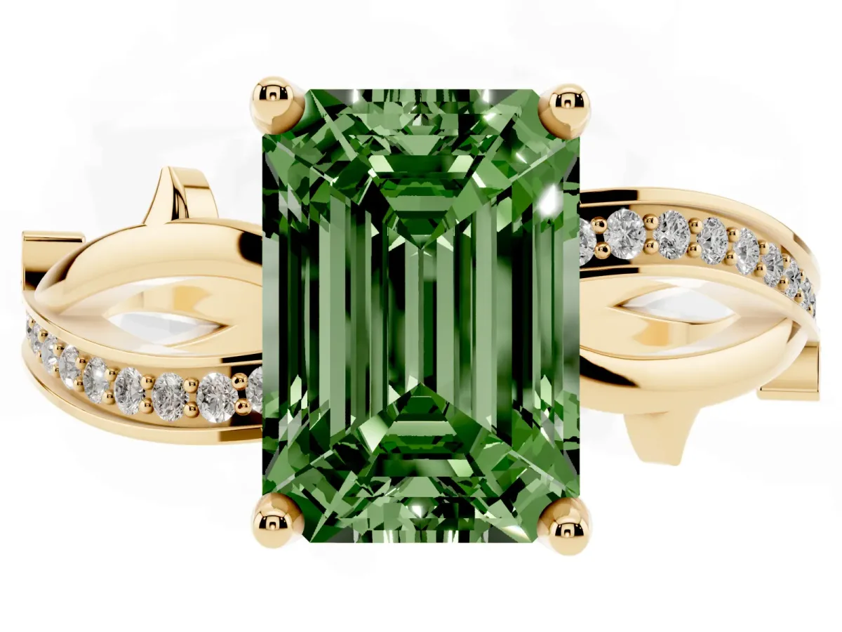 Fancy Green Emerald Cut Solitaire Twist Band with Pavé Accents and Four-Prong Setting Yellow gold