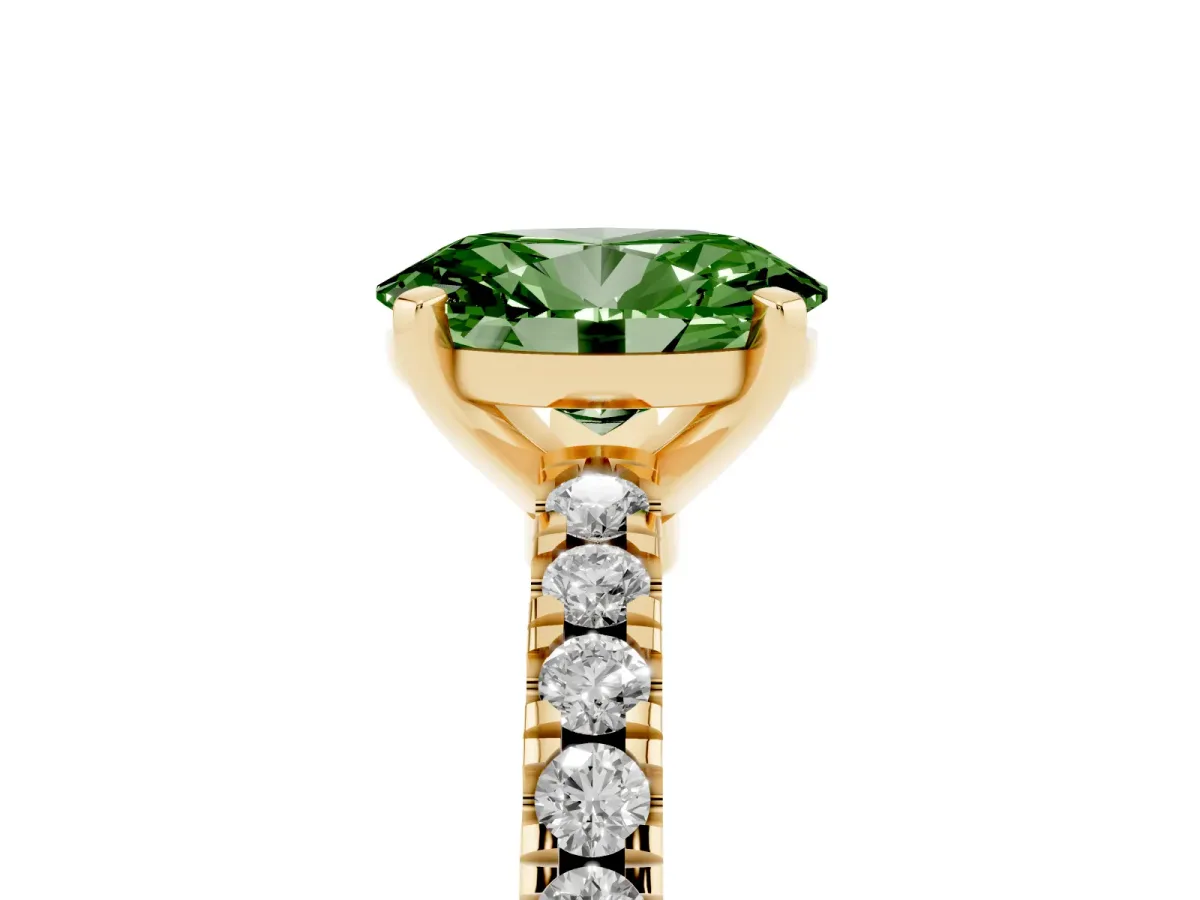 Fancy Green Oval Cut Solitaire Diamond with Pavé Band and Four-Prong Setting Yellow gold