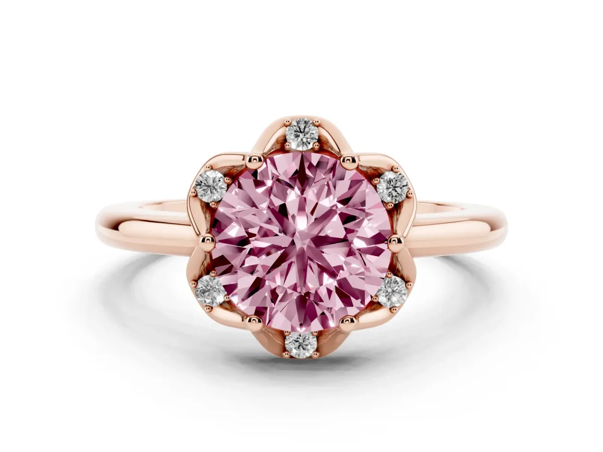 Fancy Pink Round Cut Halo Diamond Ring with Round Cluster Setting, Solitaire Band, and Four-Prong Setting Rose gold