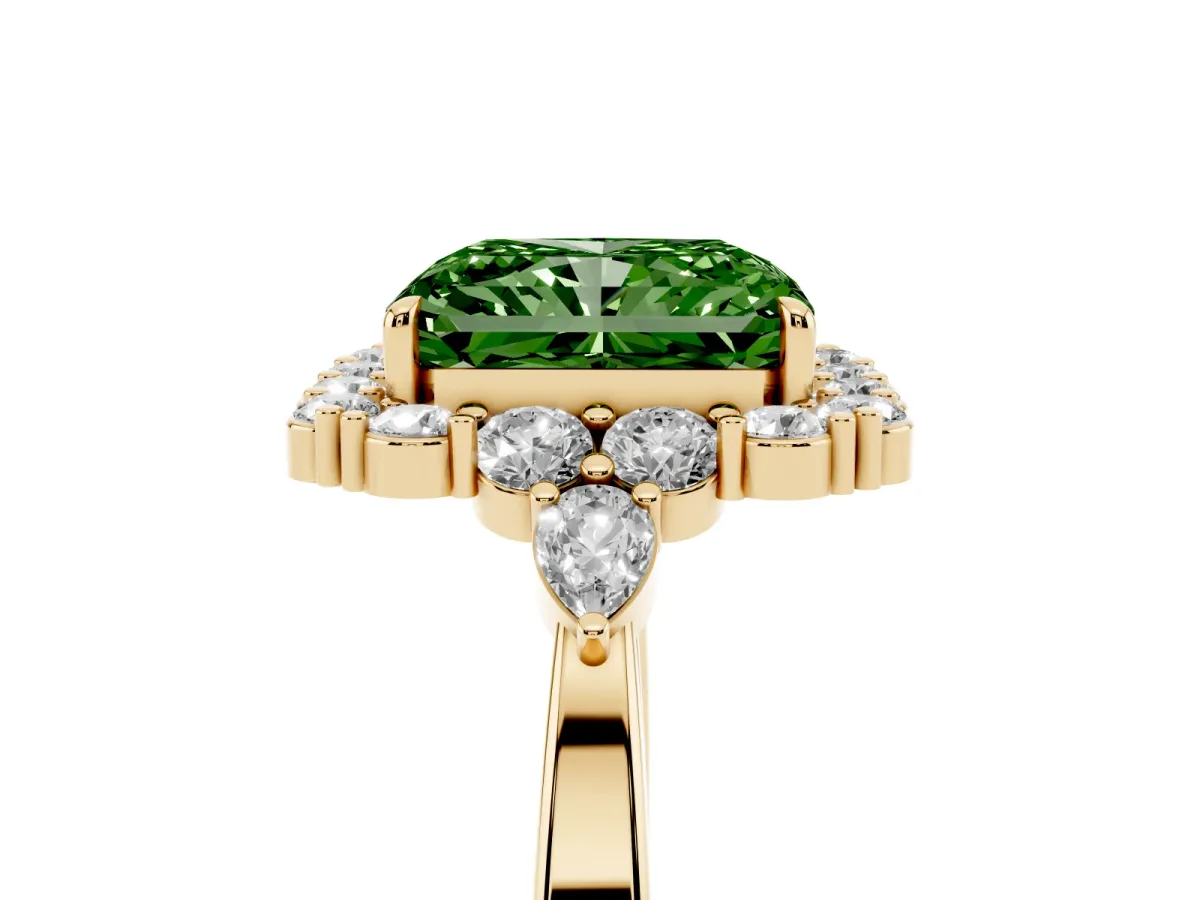 Fancy Green Radiant Cut Diamond Halo Ring with Pear Side Stones and Prong Setting Yellow gold