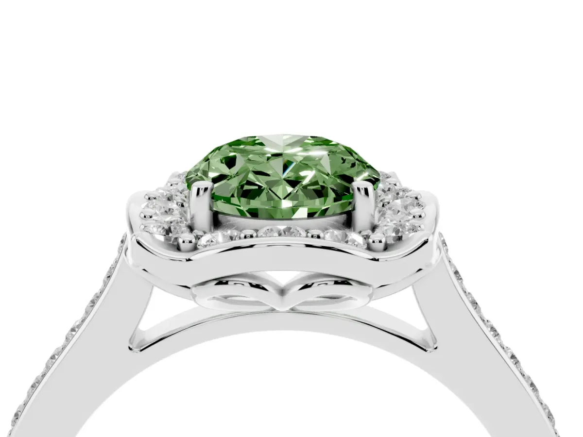 Fancy Green Oval Cut Halo Round Diamond Pave Band with Four-Prong Setting Platinum