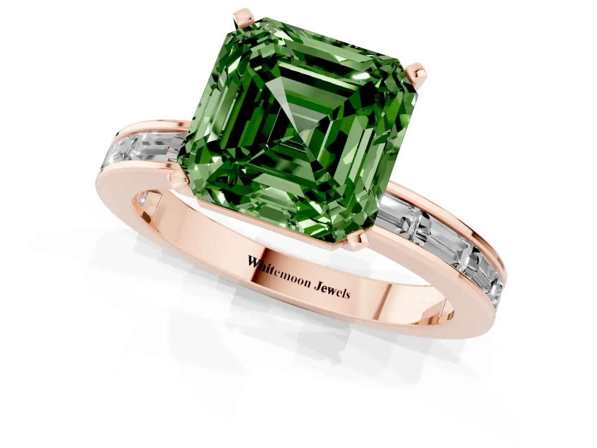 Fancy Green Asscher Cut Solitaire Diamond Ring with Channel-Set Baguette Band and Four-Prong Setting Rose gold