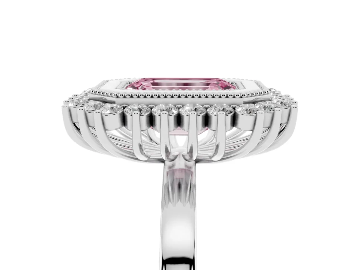 Fancy Pink Emerald Cut Halo Diamond Ring with Milgrain Edge and Round Prong Setting Silver