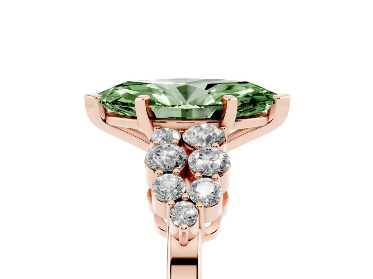 Fancy Green Marquise Cut Cluster Diamond Engagement Ring with Pavé Band and Four-Prong Setting Rose gold