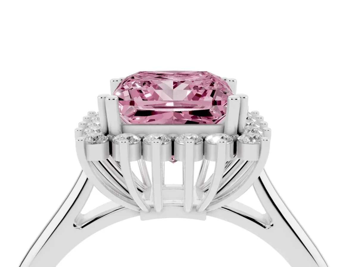 Fancy Pink Princess Cut Cut Diamond Halo Ring with Solitaire Band and Prong Setting Silver