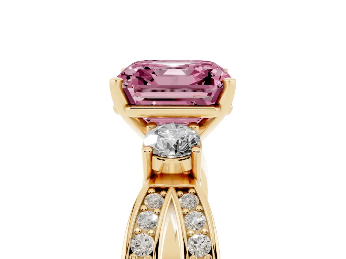 Fancy Pink Three-Stone Asscher Cut Cut Diamond Twist Band with Prong Setting Yellow gold