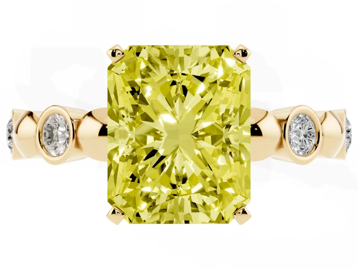 Fancy Yellow Radiant Cut Solitaire Bezel-Set Diamond Ring with Beaded Band and Four-Prong Setting Yellow gold