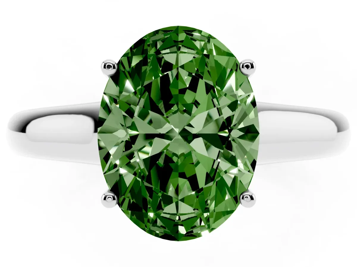Fancy Green Oval Cut Solitaire Engagement Ring with Tapered Band and Four-Prong Setting Silver