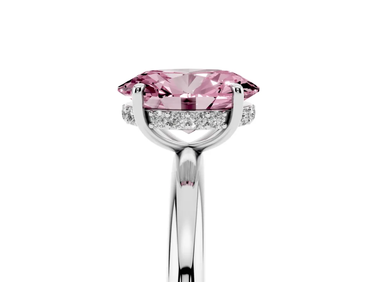 Fancy Pink Oval Cut Diamond Solitaire Ring with Thin Band and Four-Prong Setting Silver