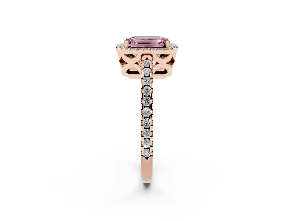 Fancy Pink Emerald Cut Diamond Halo Engagement Ring with Pavé Band and Prong Setting Rose gold
