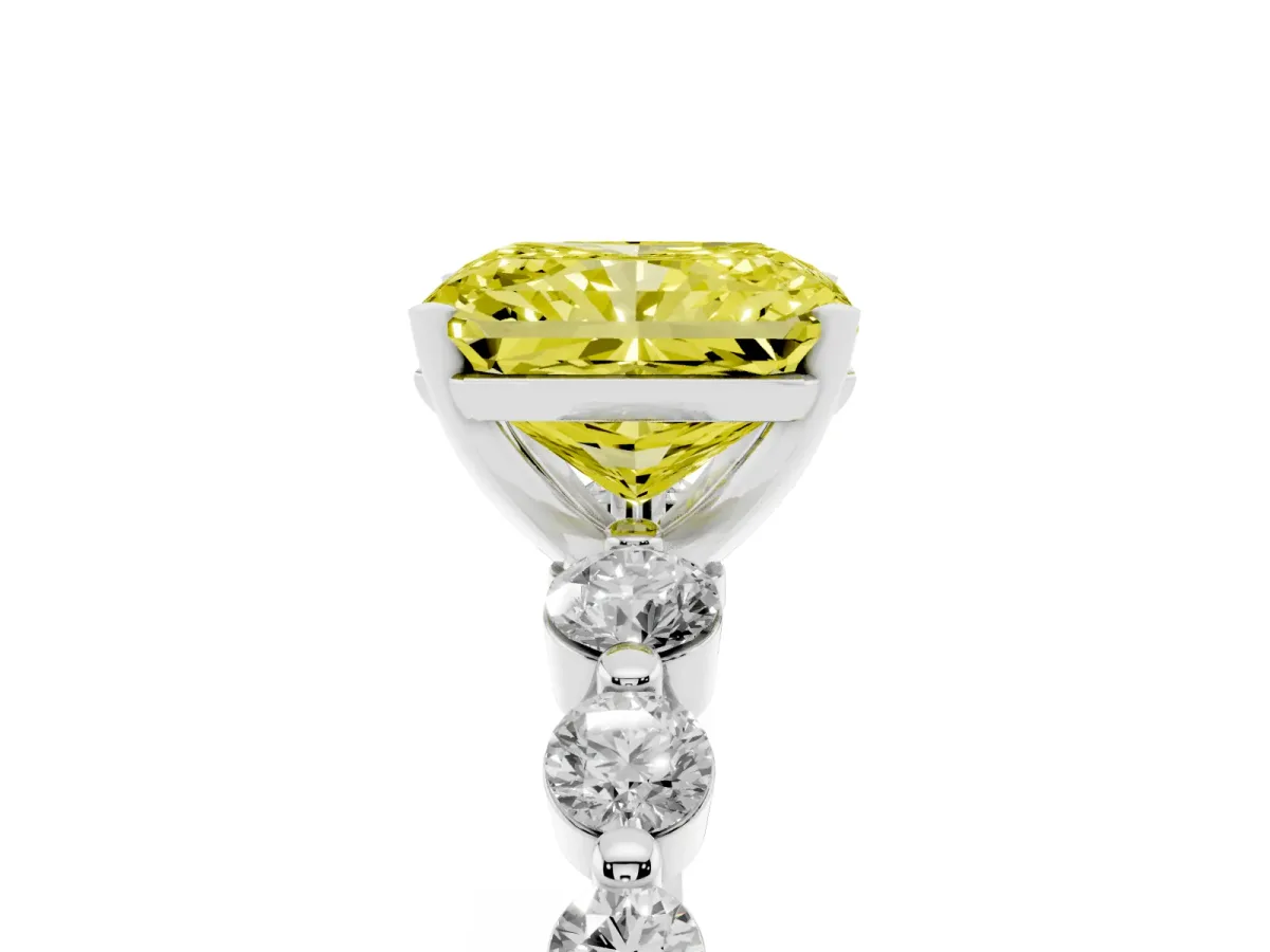 Fancy Yellow Radiant Cut Solitaire Diamond Ring with Pave Band and Four-Prong Setting Silver