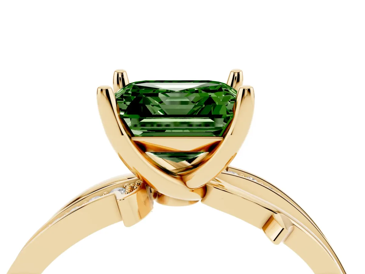 Fancy Green Asscher Cut Solitaire Twist Band with Pavé Accents and Four-Prong Setting Yellow gold