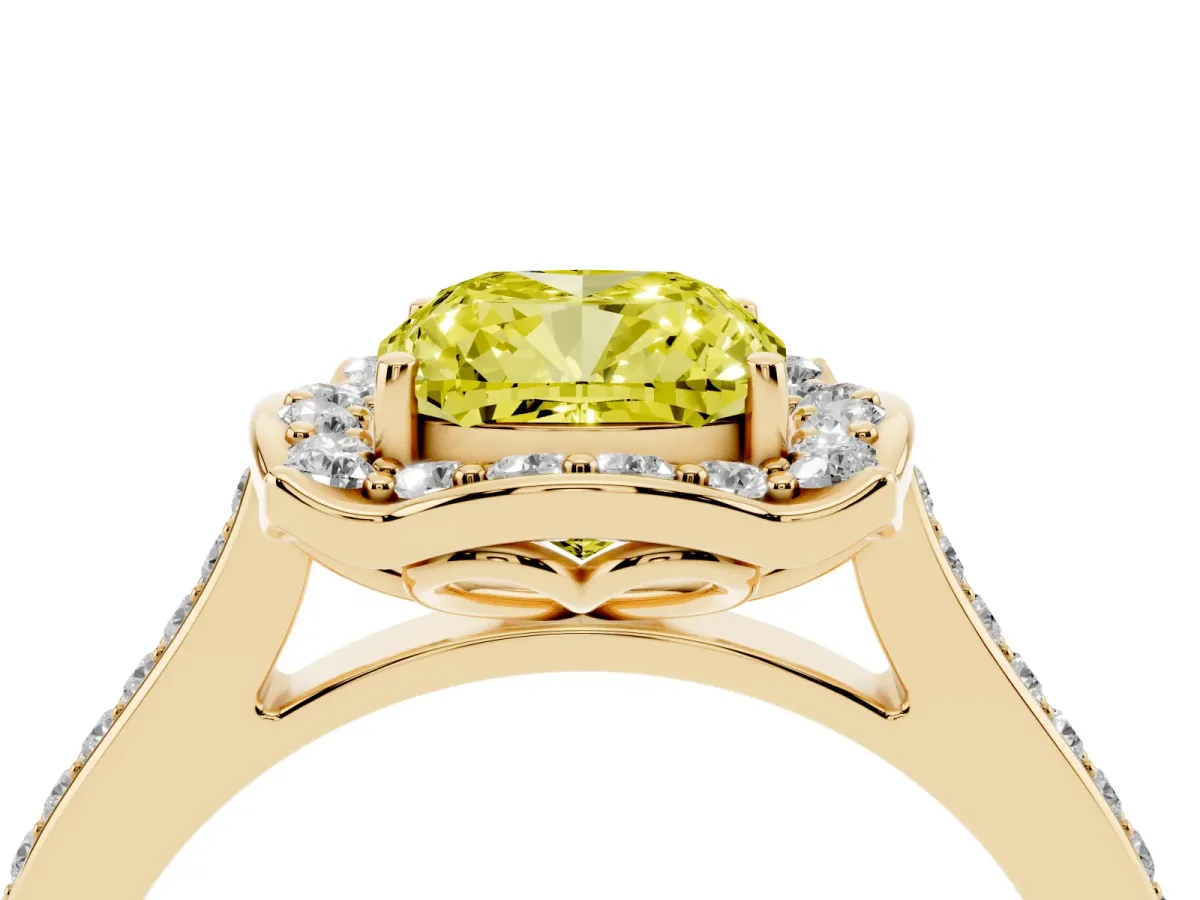 Fancy Yellow Cushion Cut Halo Round Diamond Pave Band with Four-Prong Setting Yellow gold