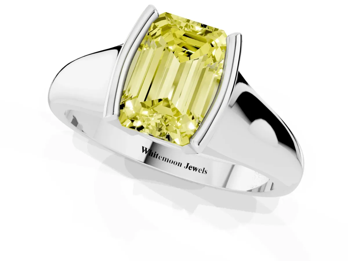 Fancy Yellow Emerald Cut Solitaire Tension Set Diamond Ring with Split Shank Band Silver